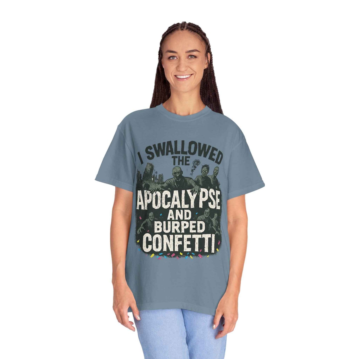 Apocalypse & Burped Confetti T-Shirt — Funny Zombie Survival Tee