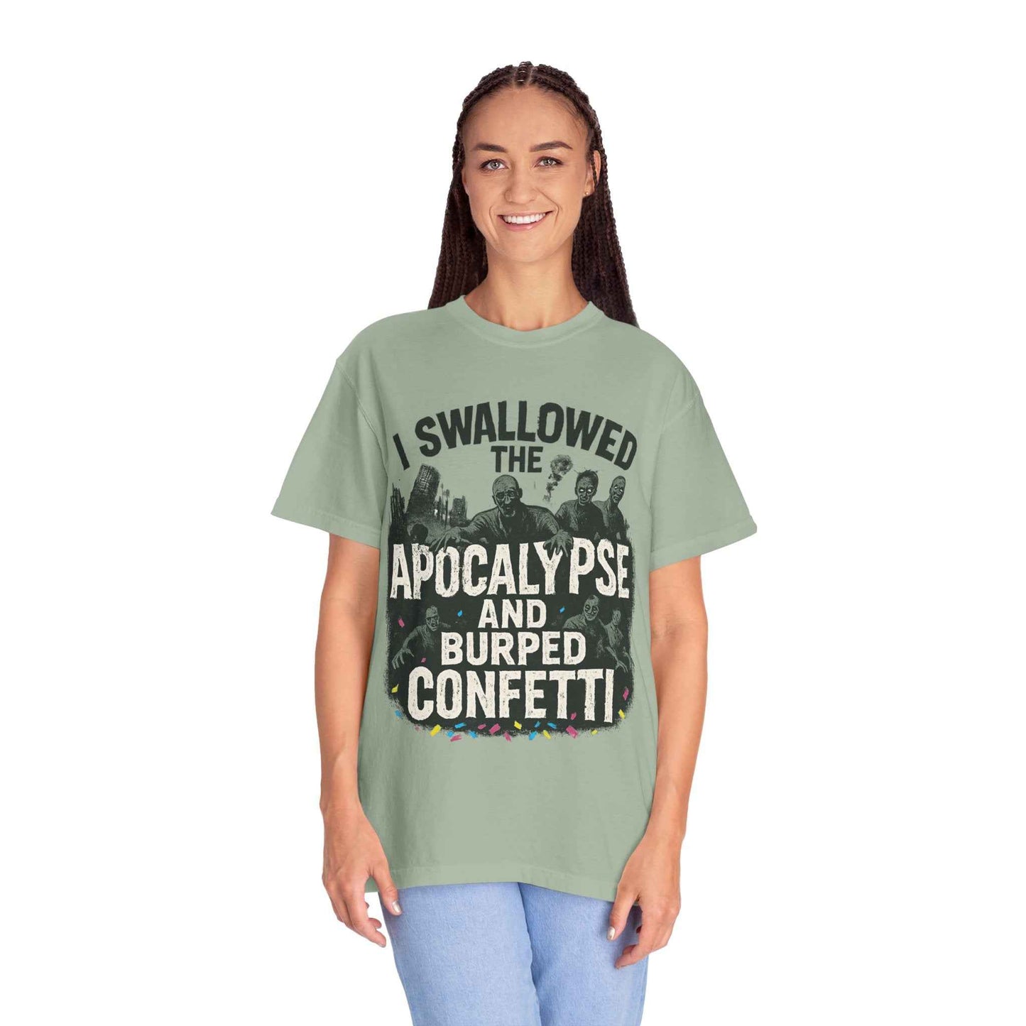 Apocalypse & Burped Confetti T-Shirt — Funny Zombie Survival Tee