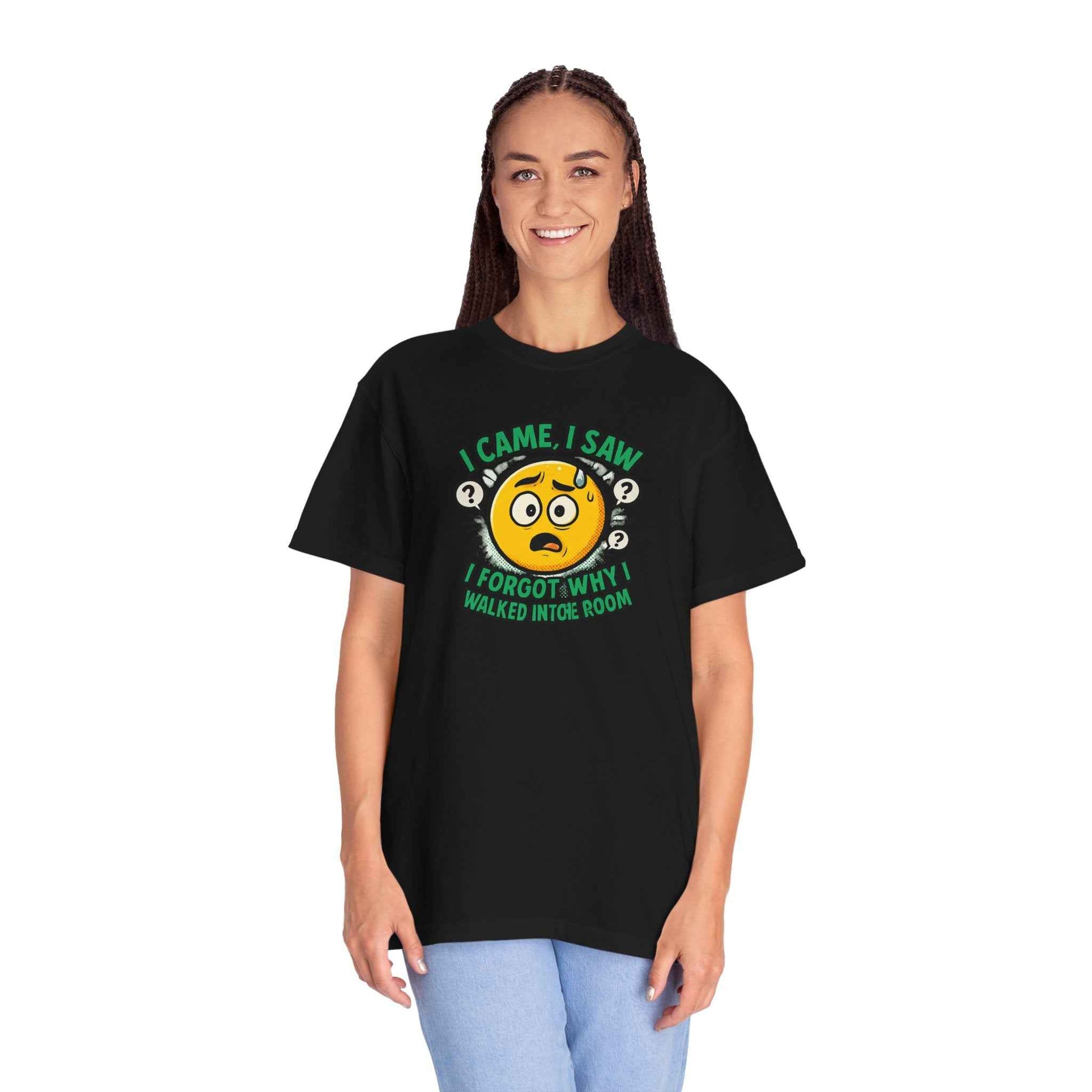Funny Graphic T-Shirt — "I Came, I Saw, I Forgot Why I Walked Into Room" Emoji Tee