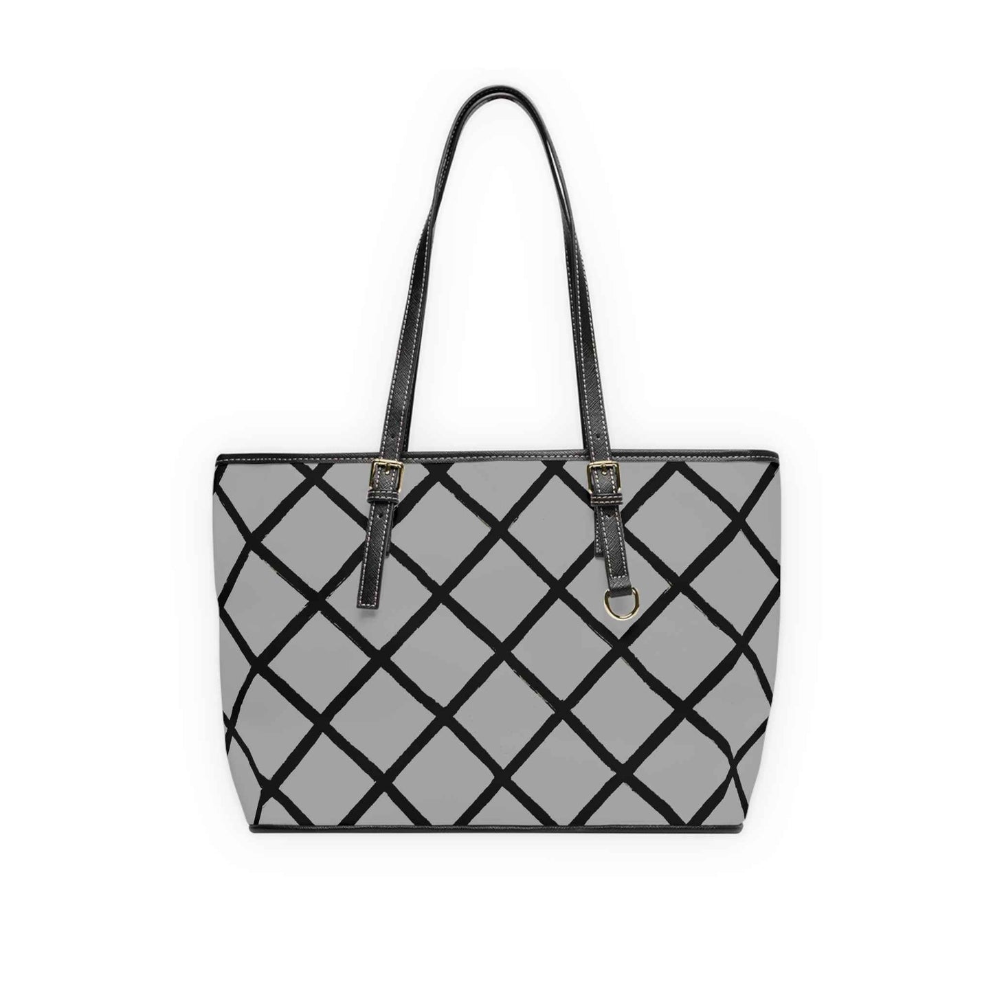 Geometric Grid PU Leather Shoulder Bag – Gray & Black Tote