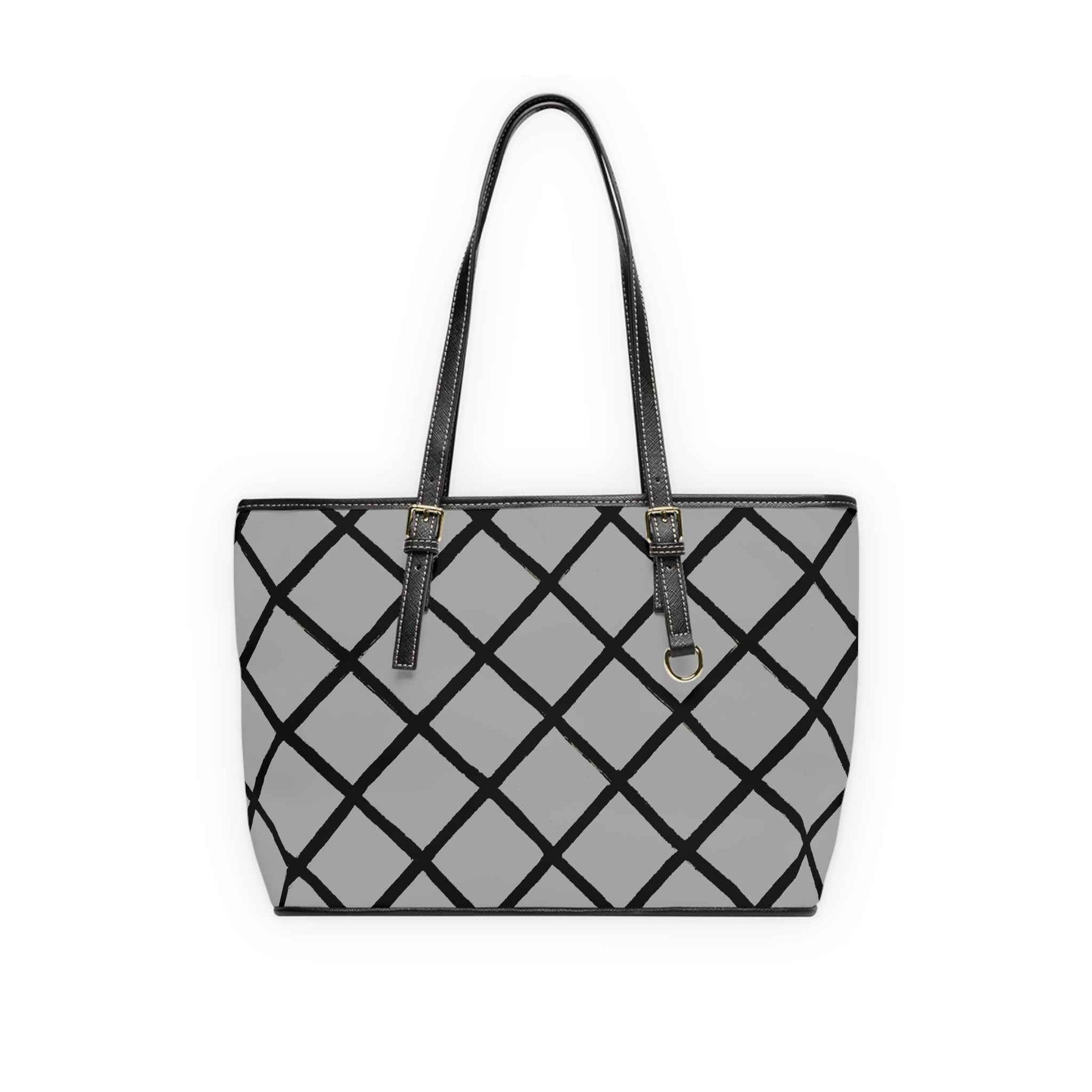 Geometric Grid PU Leather Shoulder Bag – Gray & Black Tote