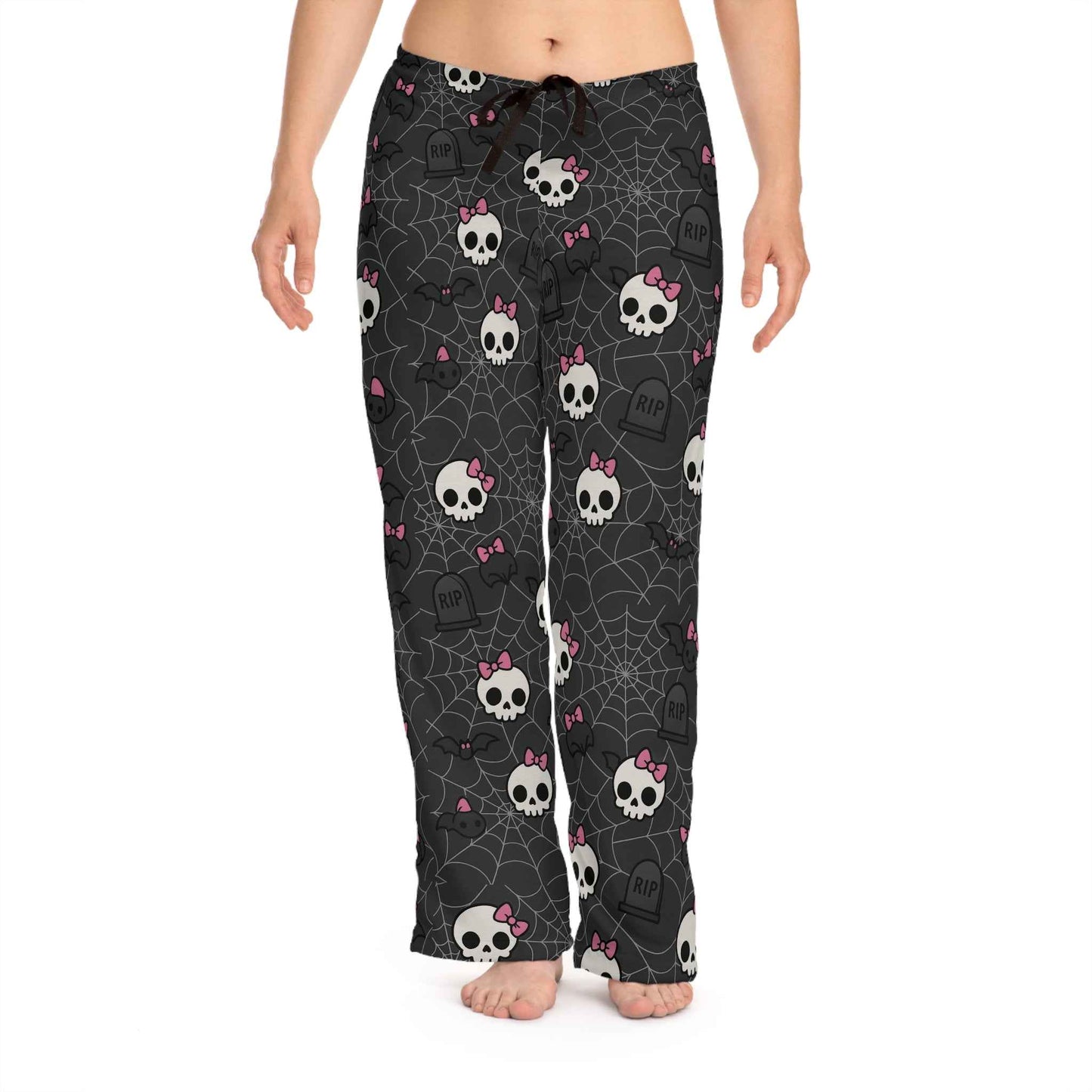 Pink Bow Skull Pajama Pants — Women's Skull Print Lounge Sleepwear