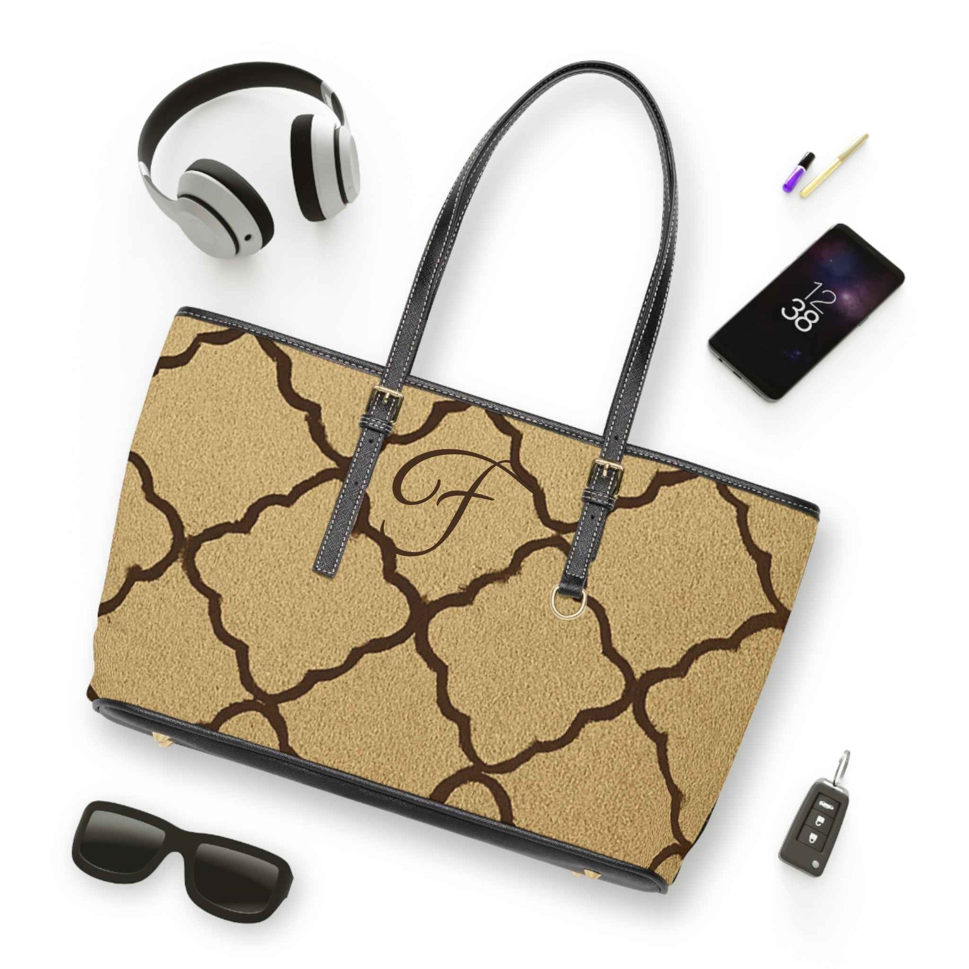 Monogram PU Leather Shoulder Bag — Taupe Moroccan Trellis Pattern