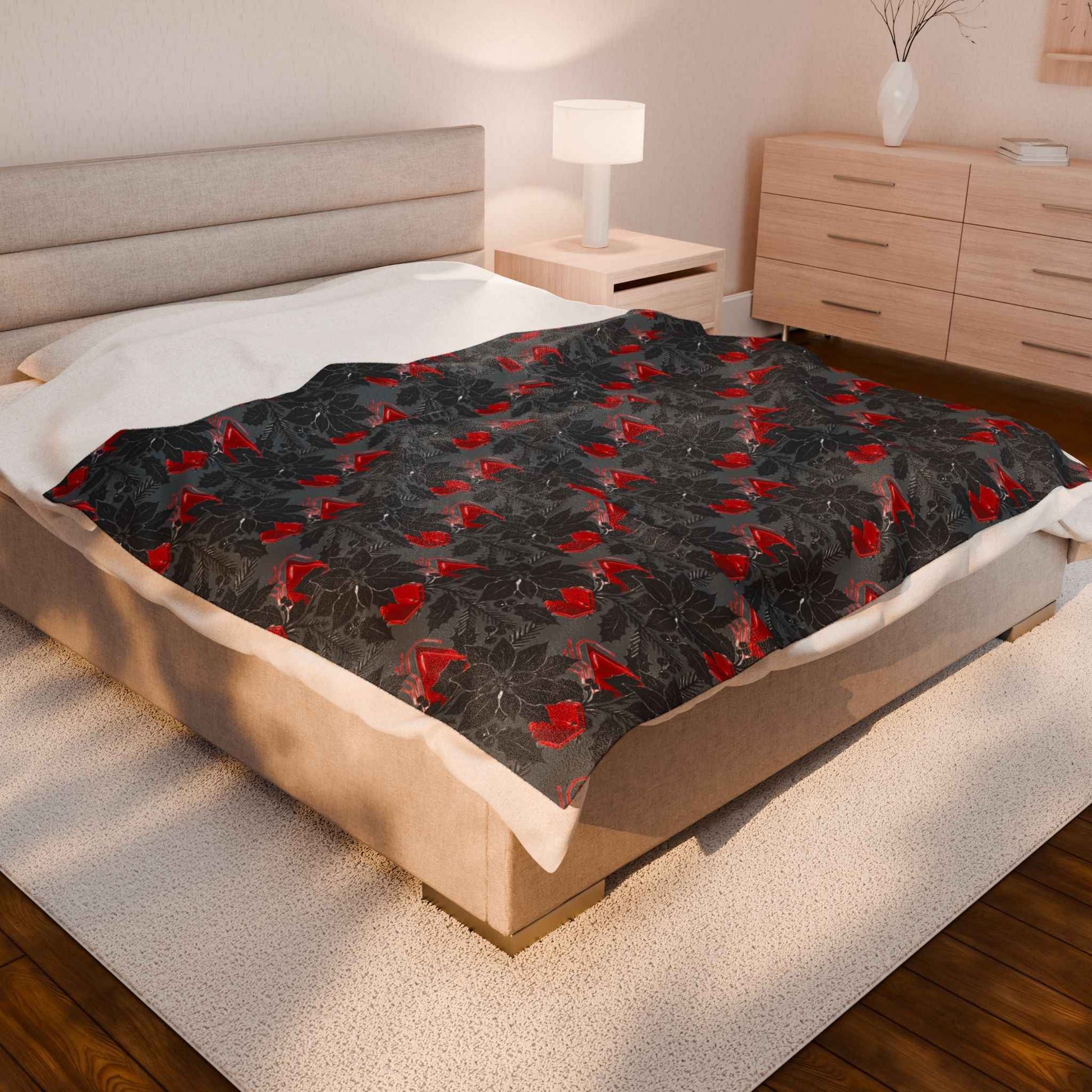 Plush Blanket — Black & Red Poinsettia Holiday Velveteen Throw
