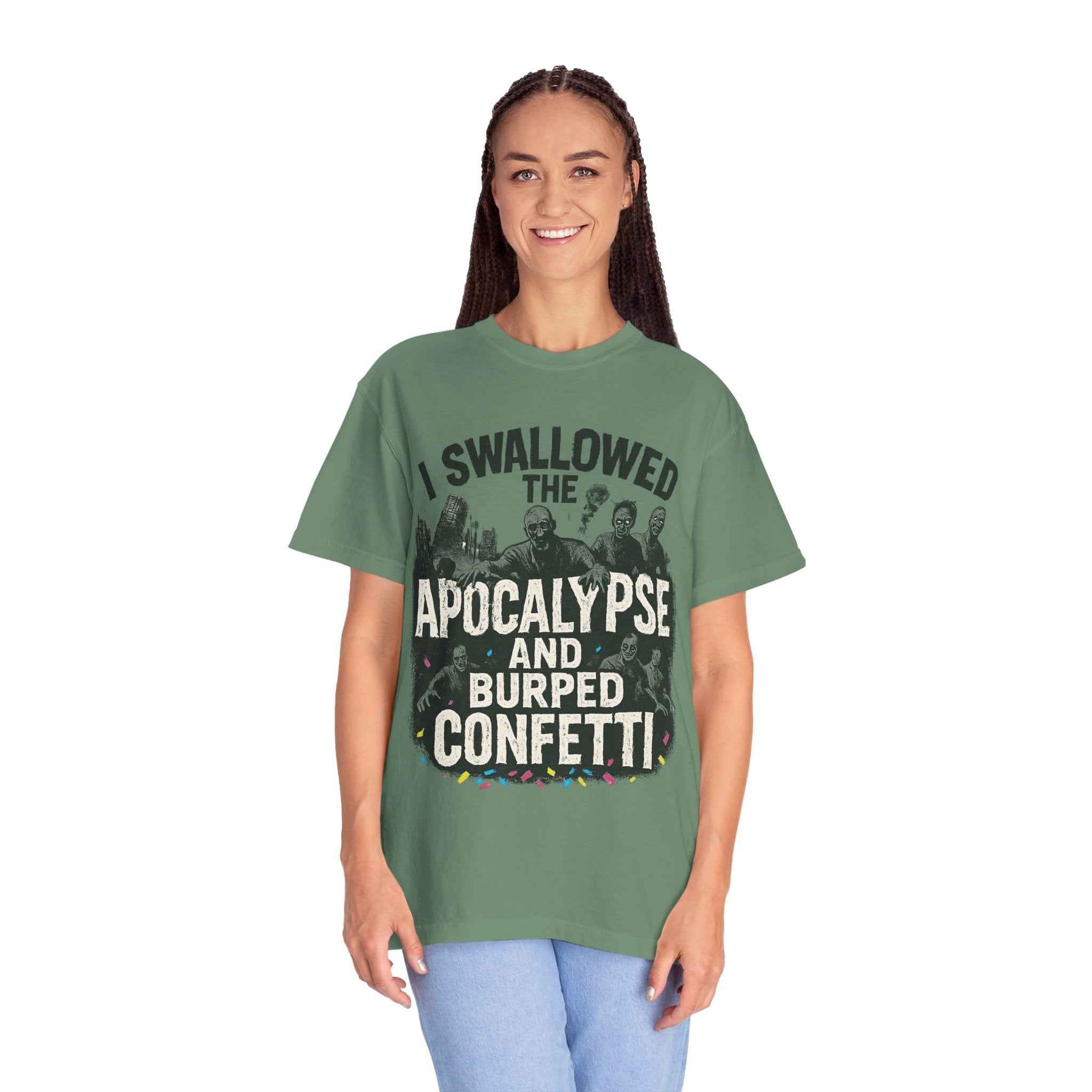 Apocalypse & Burped Confetti T-Shirt — Funny Zombie Survival Tee