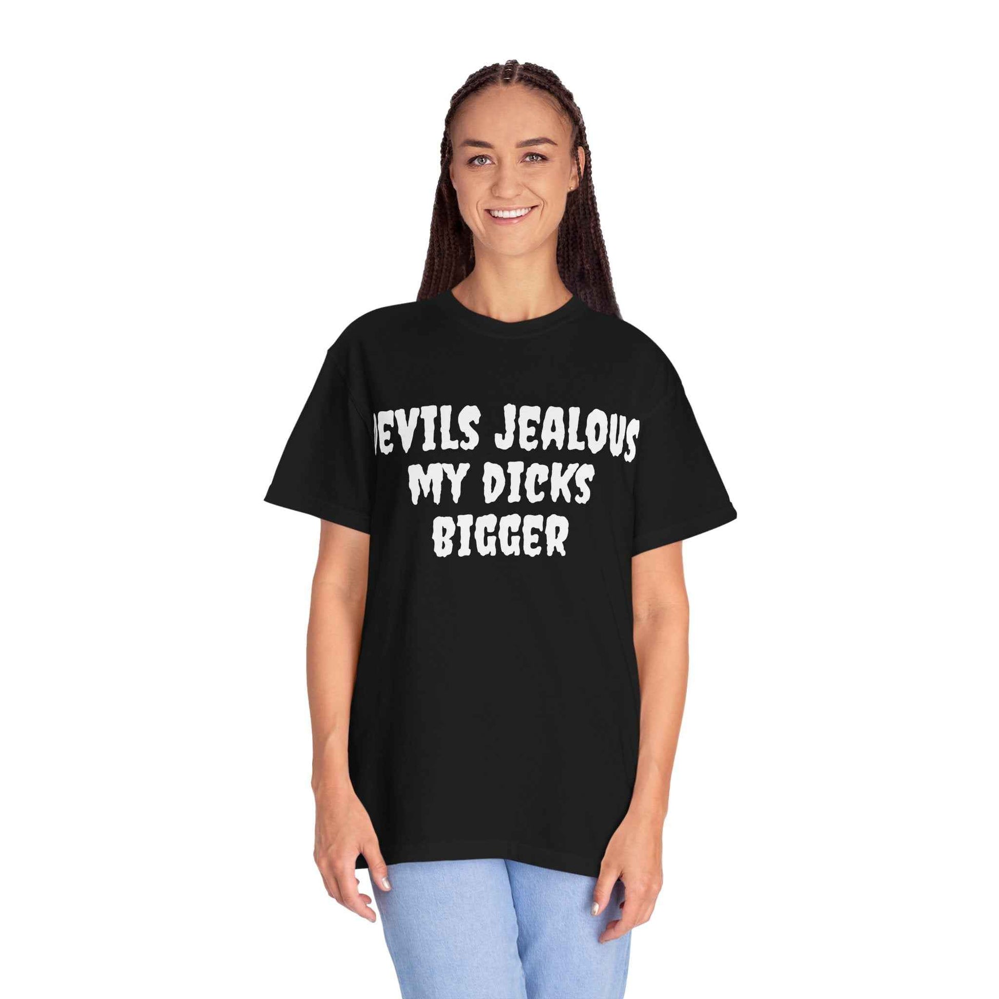Graphic T-Shirt — 'Devils Jealous My Dicks Bigger' Novelty Tee with Demon Restraining Order Back Print