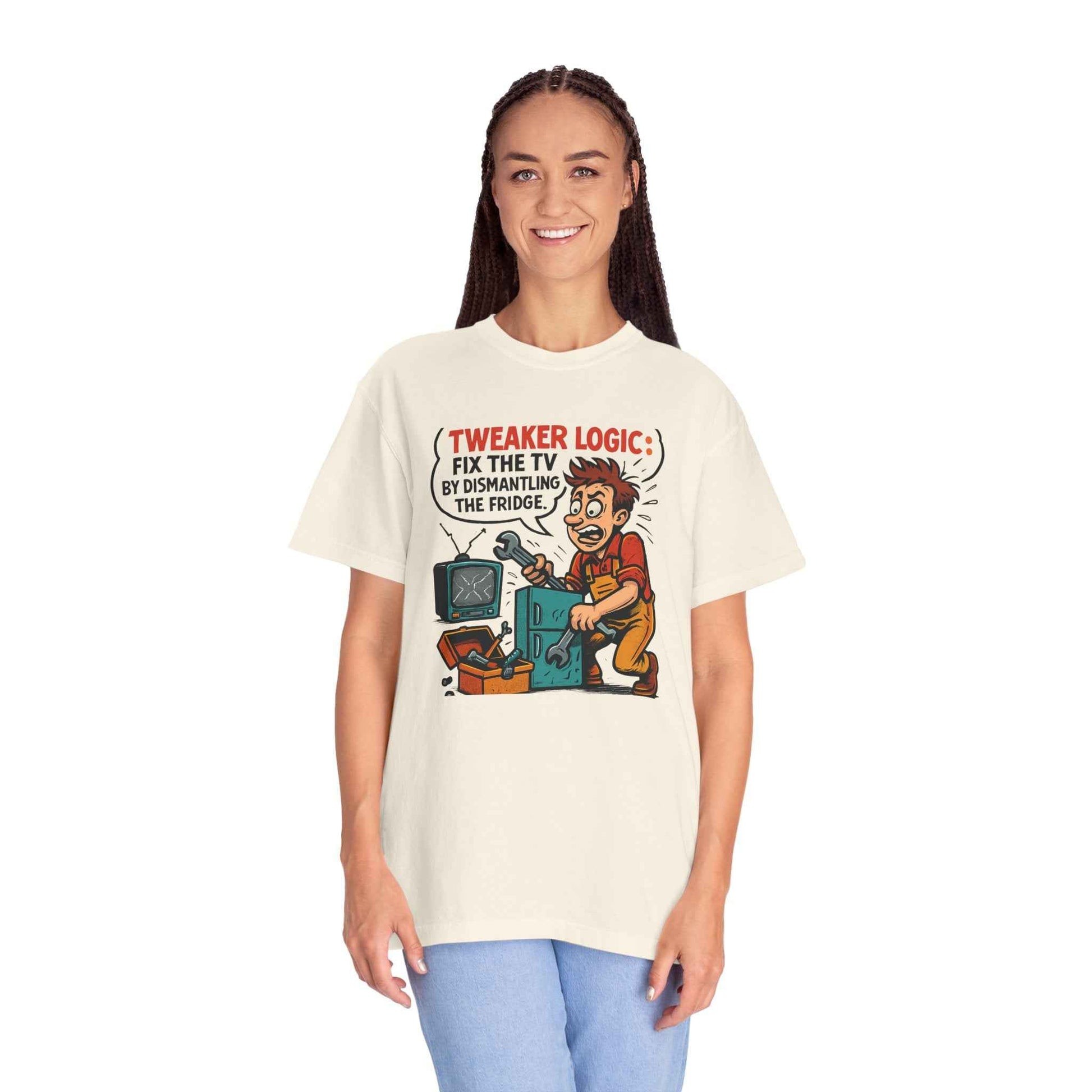 Tweaker Logic Cartoon T-Shirt — “Fix the TV by Dismantling the Fridge” Retro Graphic Tee