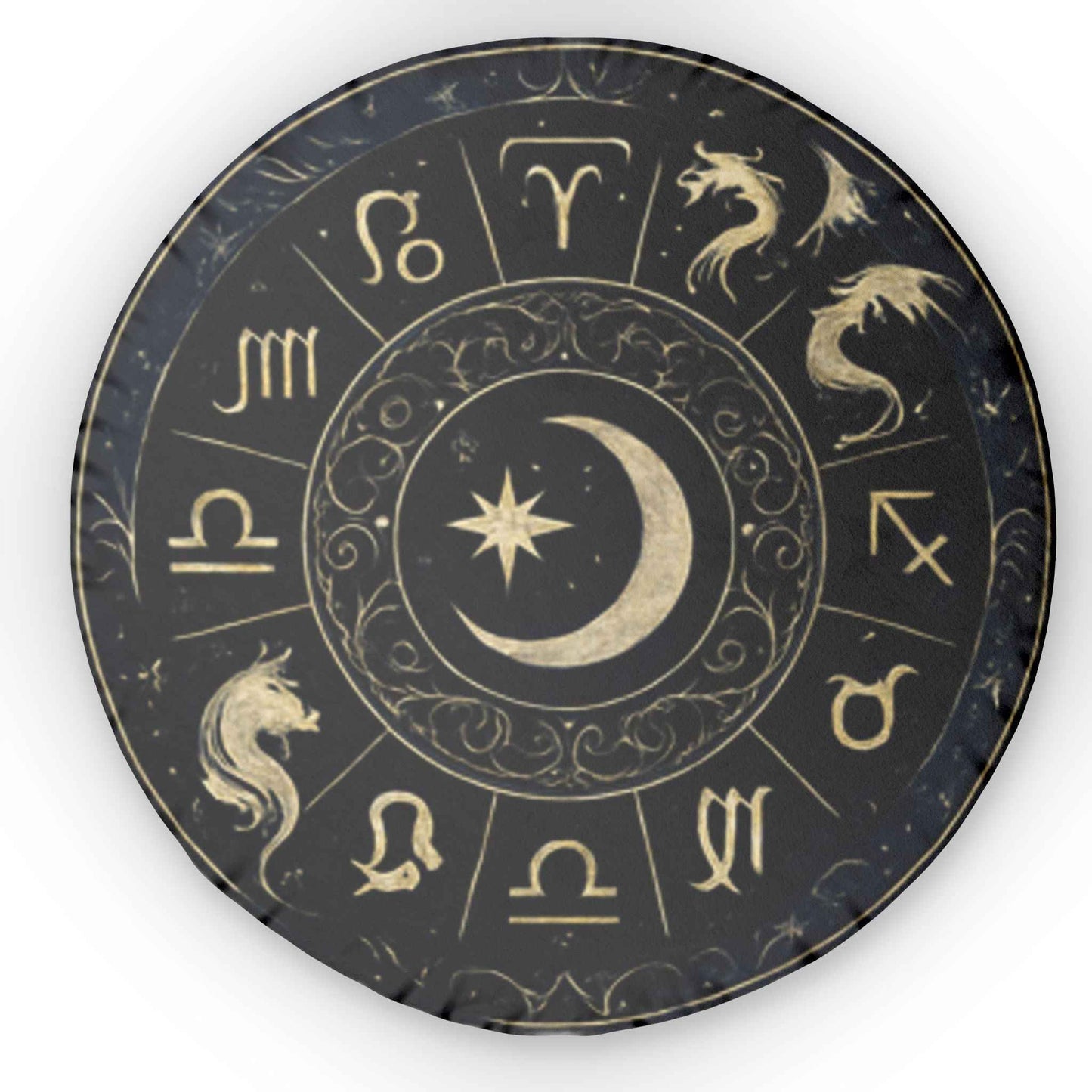 Astrology Moon & Zodiac Round Pillow — Crescent Moon Star Horoscope Decorative Pillow