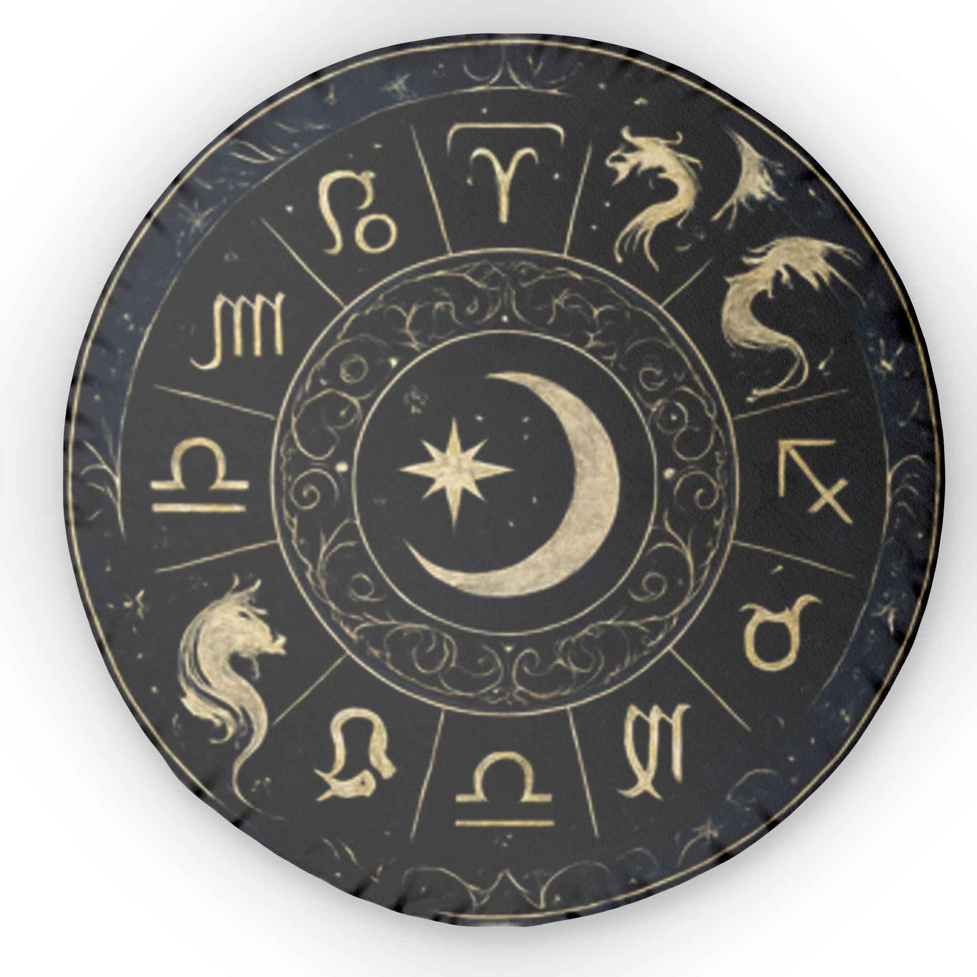 Astrology Moon & Zodiac Round Pillow — Crescent Moon Star Horoscope Decorative Pillow