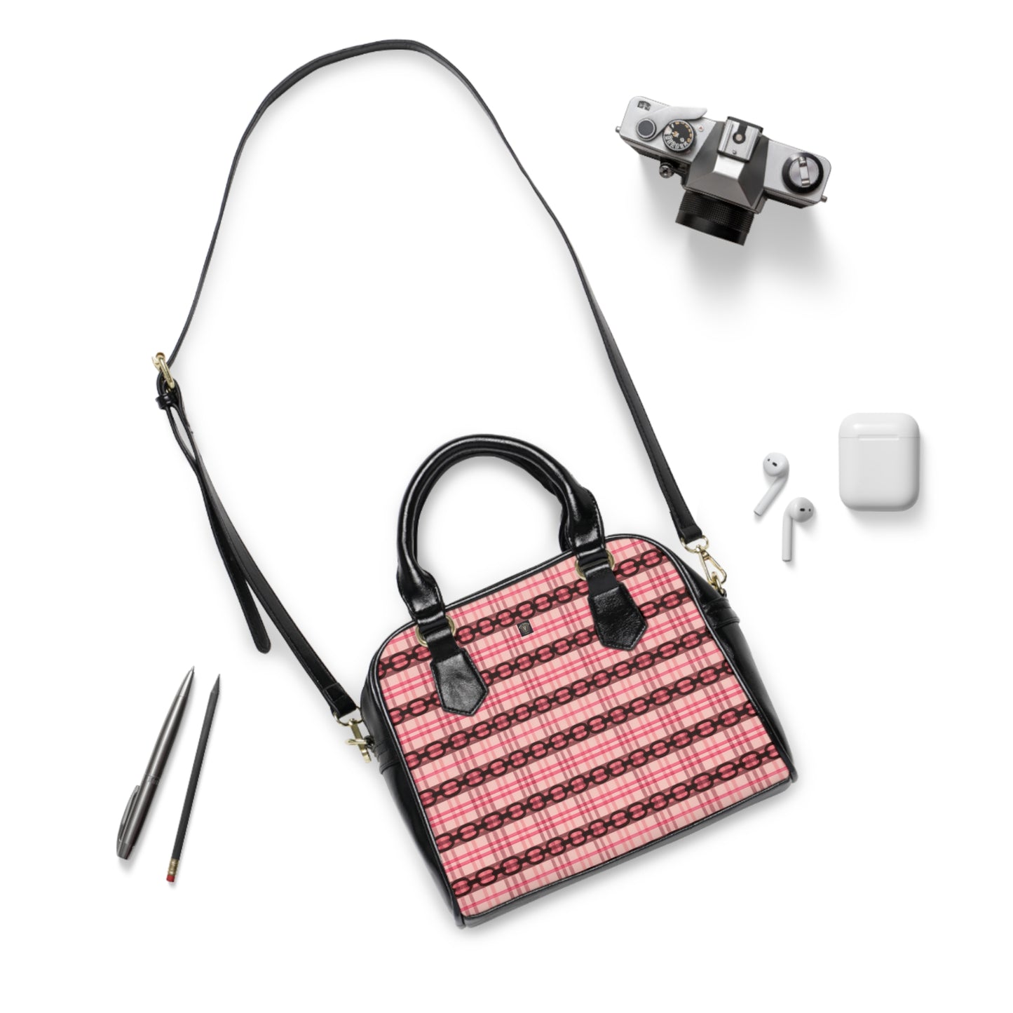 Pink Plaid Shoulder Handbag – Vintage Chain Stripe Pattern