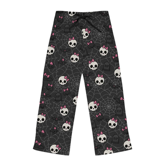 Pink Bow Skull Pajama Pants — Women's Skull Print Lounge Sleepwear