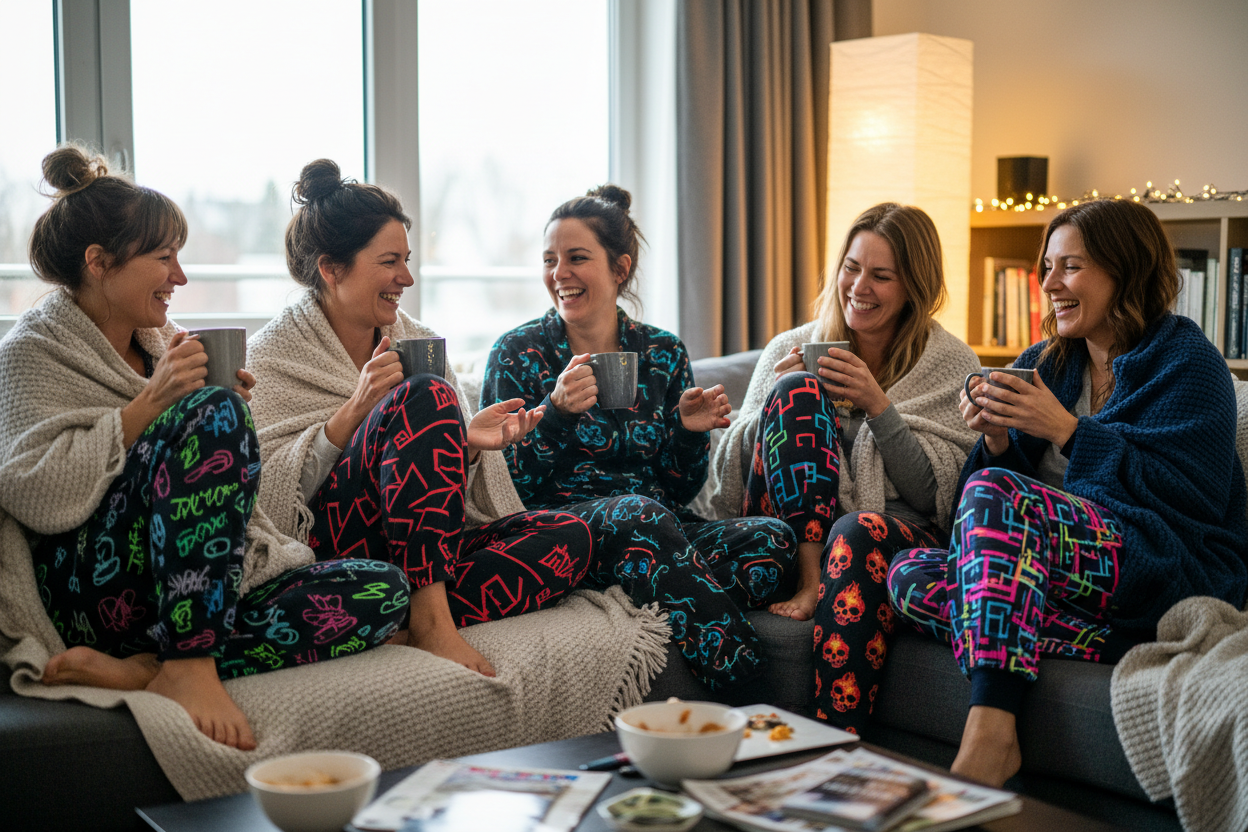 a group of women mid 30s  wearinh our pajama bottoms and sitting on couch with our blankets