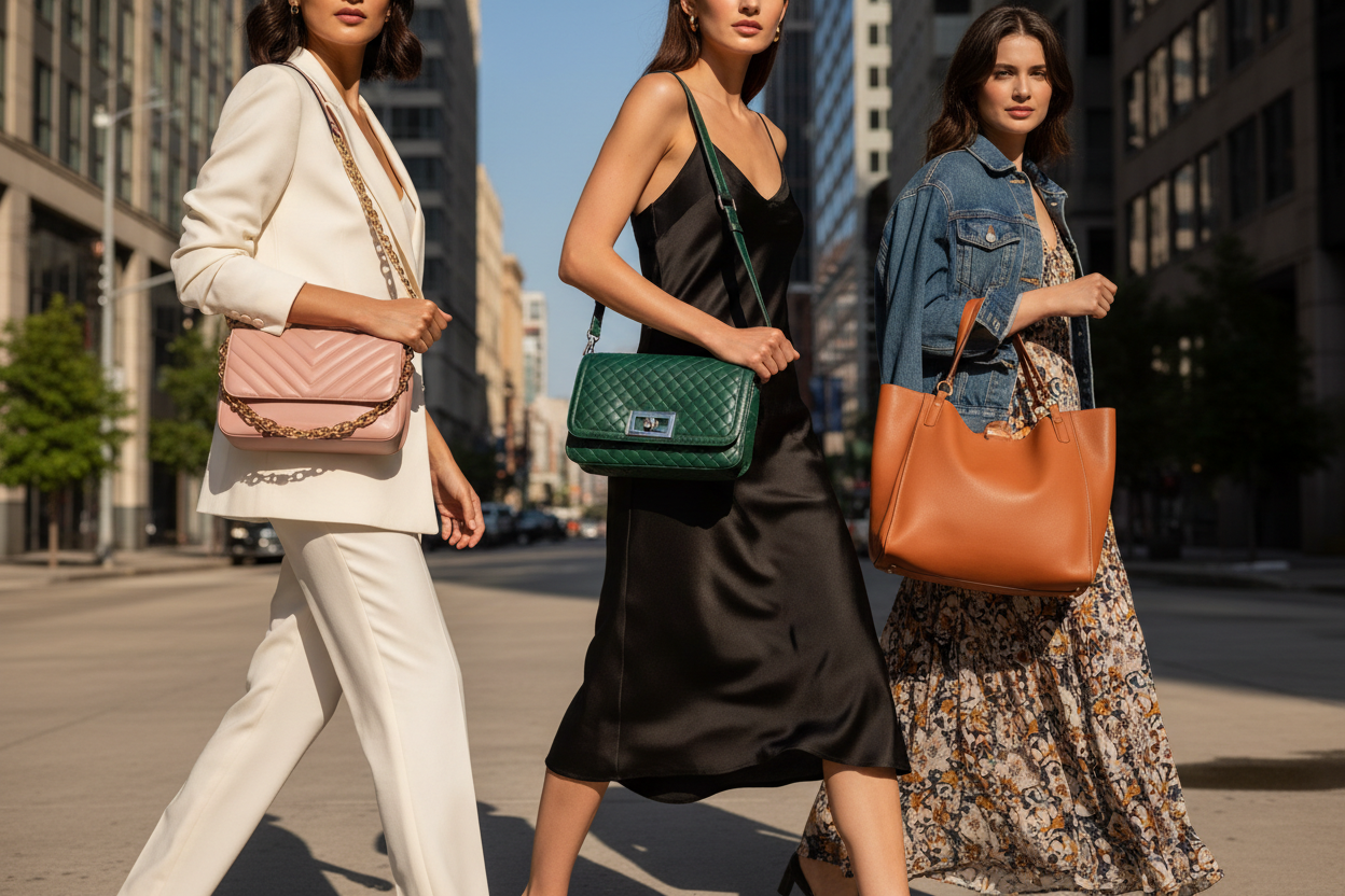 women walking down street carrying or purses 